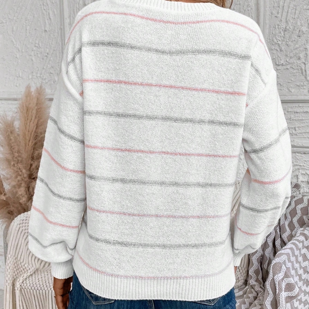 Women's Tightened Cuff Contrast Fine Striped Casual Sweater - Picture 3 of 5